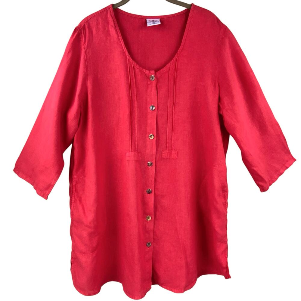 CMC Color Me Cotton 100% Linen Tunic Top Size L Red Beach Resort Cruise